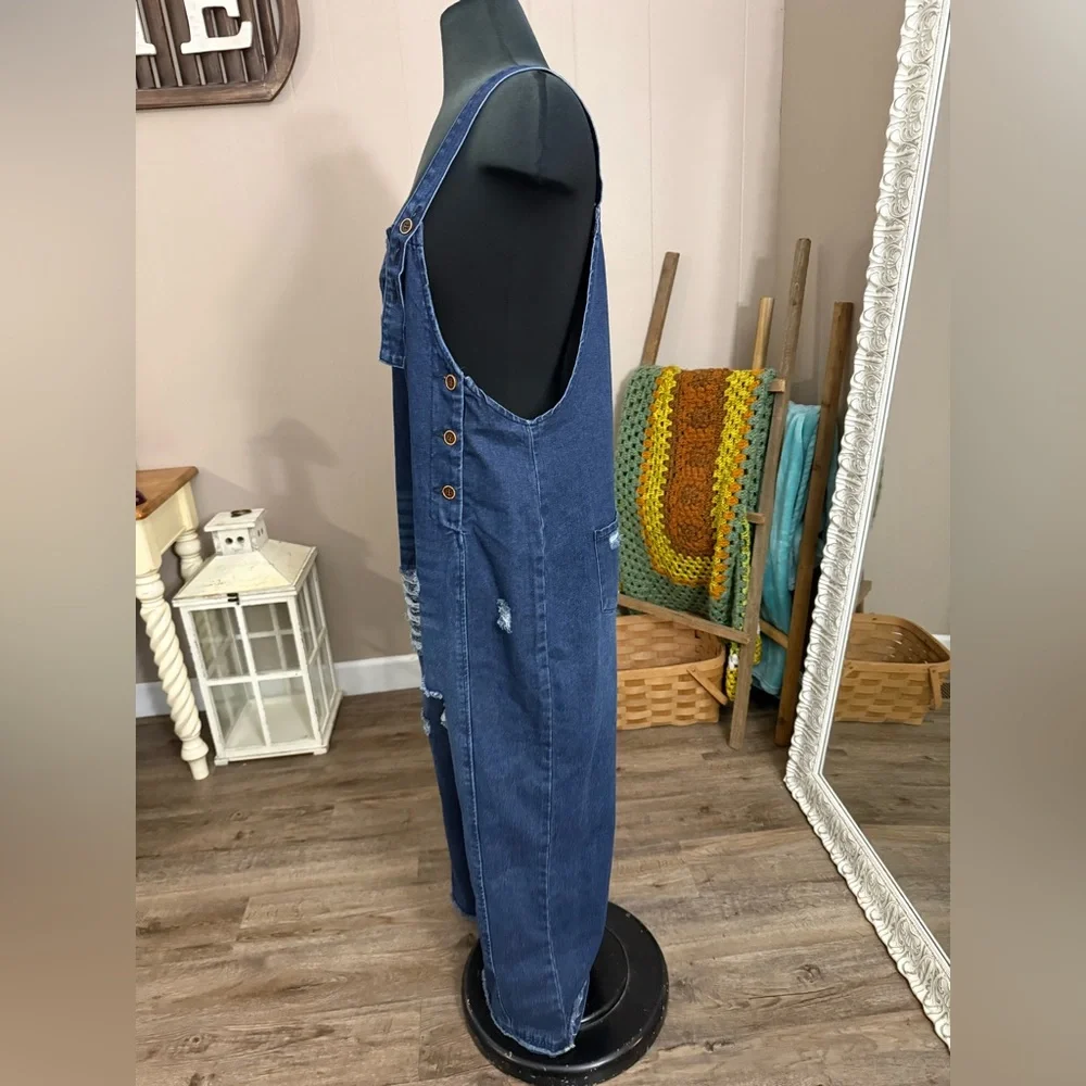 Wide Leg Distressed Oversized Jean Overalls - Picture 12 of 14